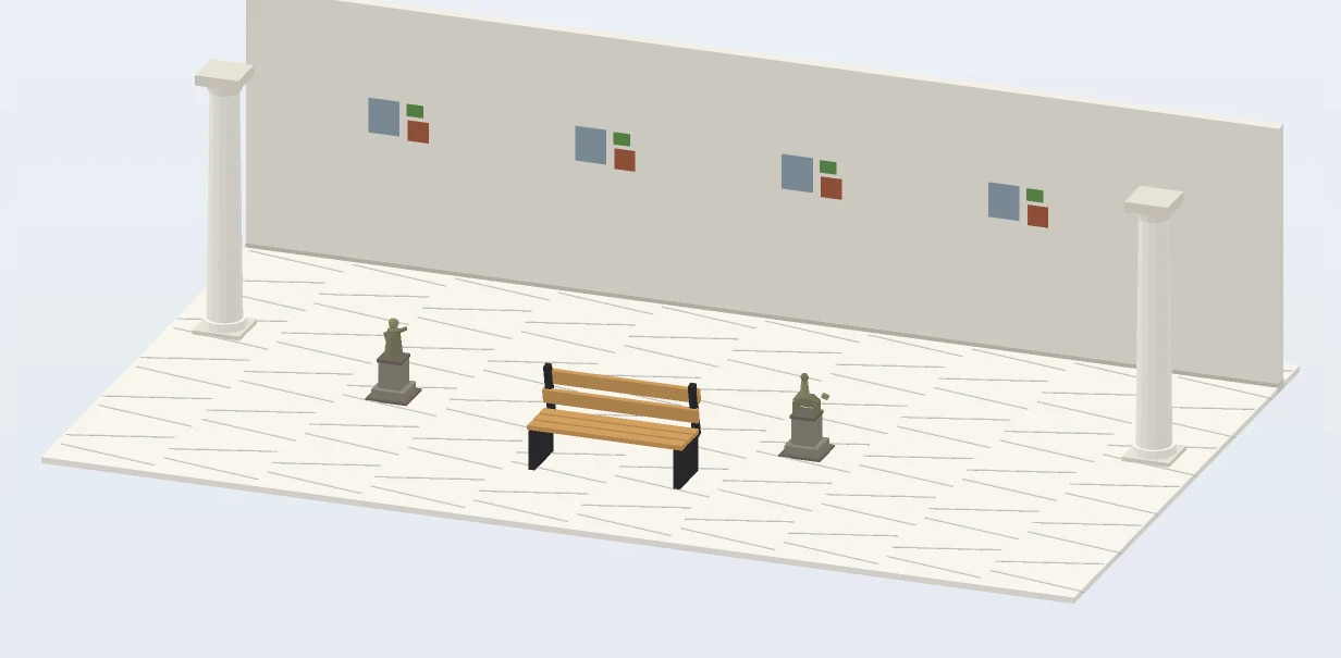 A low-poly gallery hall with paintings, statues and a bench