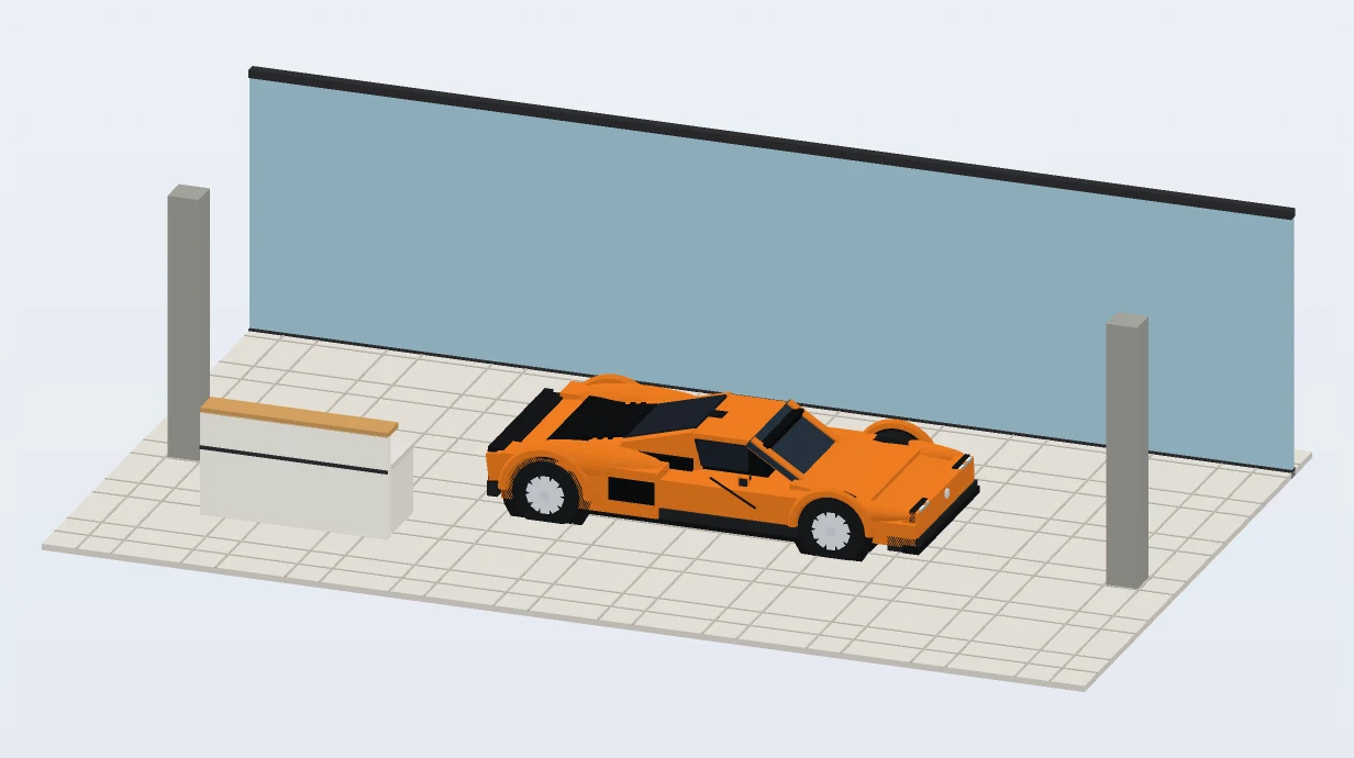 A low-poly showroom with an orange supercar behind glass walls