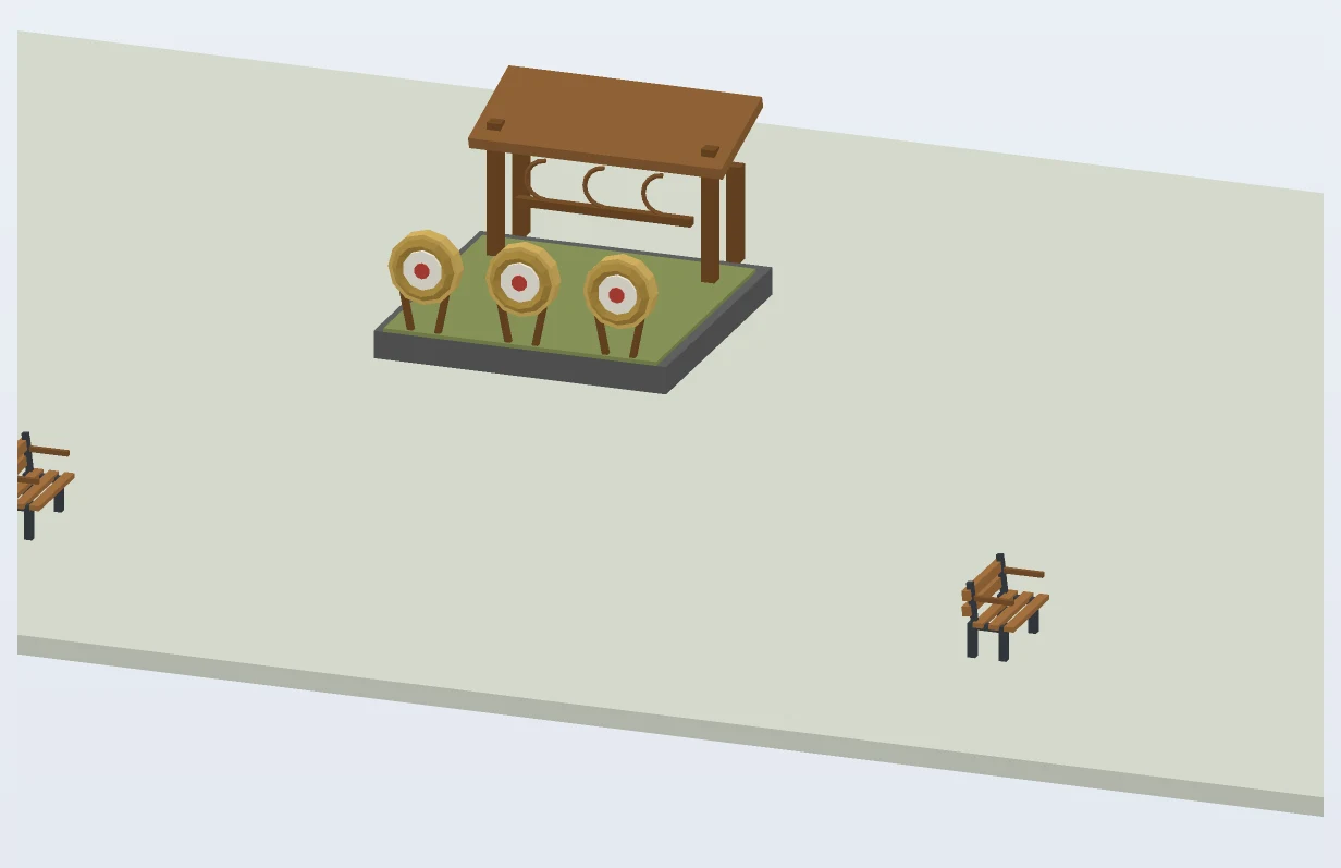 A low-poly archery range scene with three targets