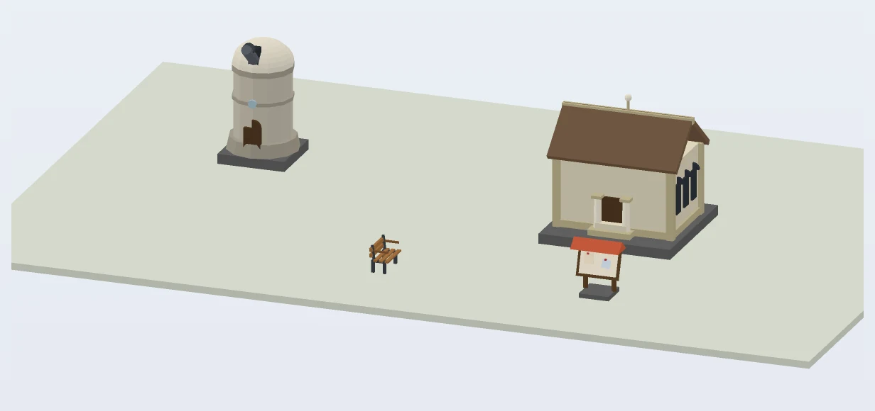 A low-poly campus scene with an observatory and a library
